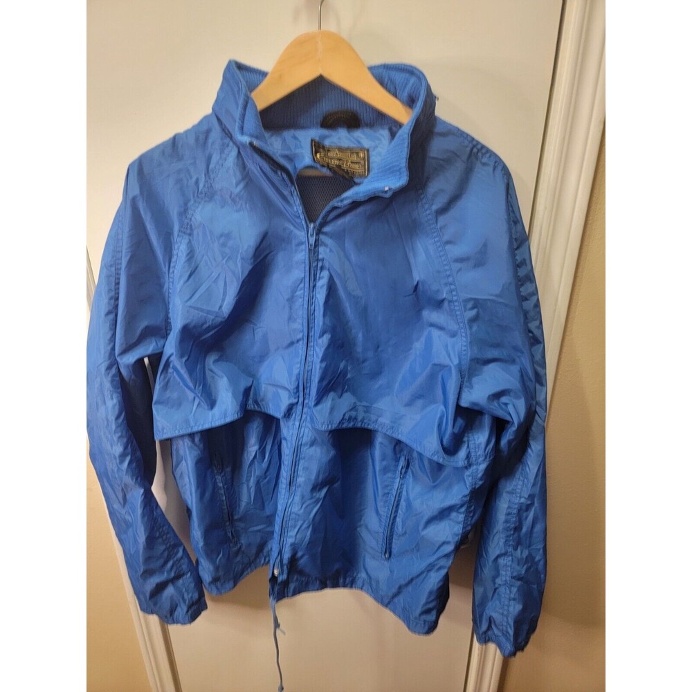 Eddie Bauer Men's Rain Jacket L Blue Vented Nylon Packable Hood Pocket Vintage